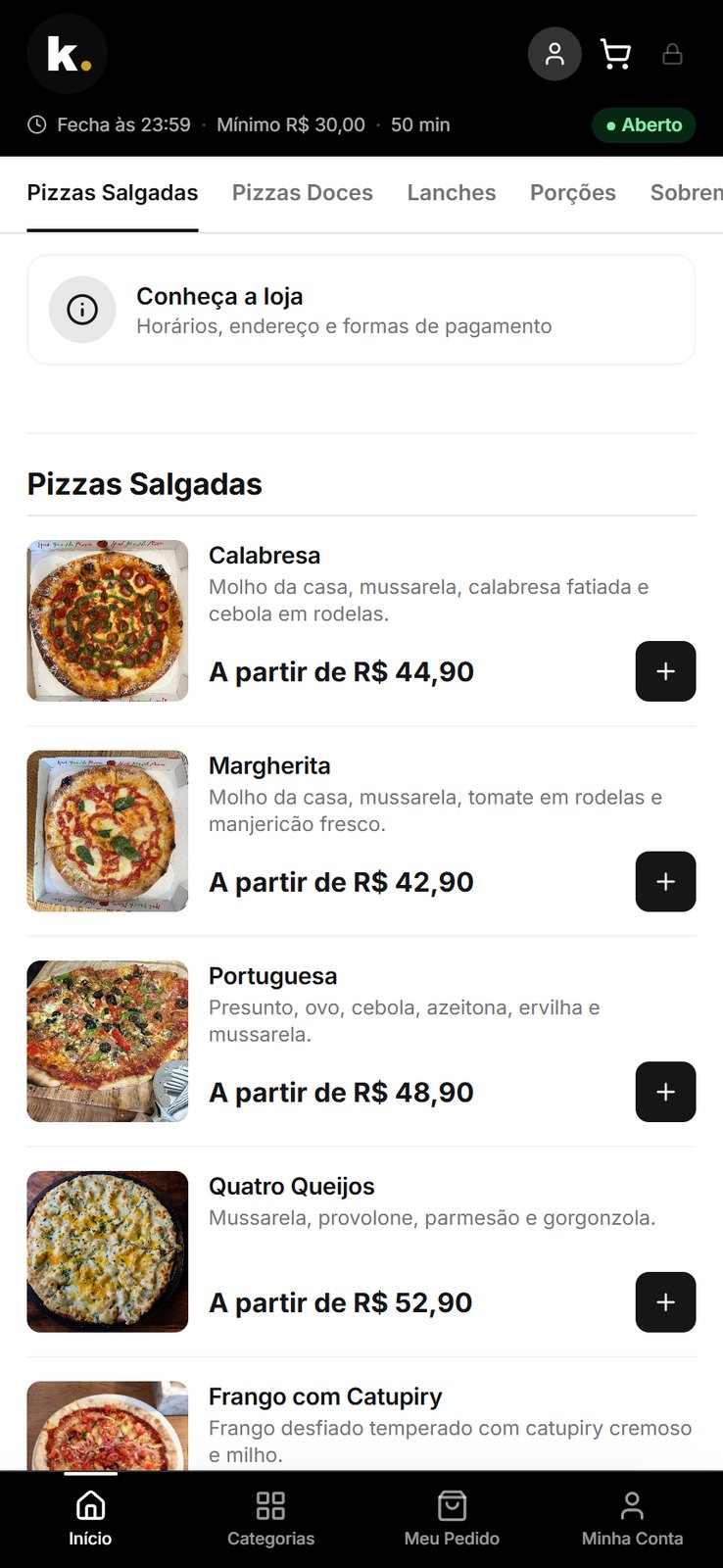 Cardápio da loja aberto no celular do cliente